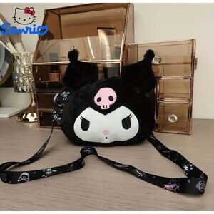 Sanrio Kuromi black fur pink skull crossbody straps 7x8x2